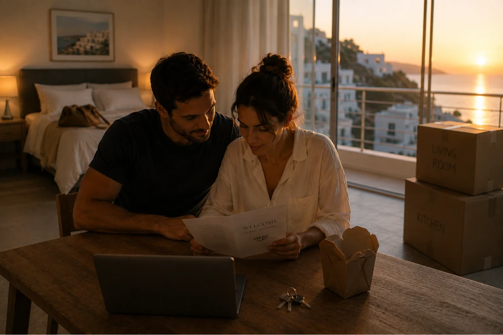 Couple reviewing moving documents in their new home after an international move